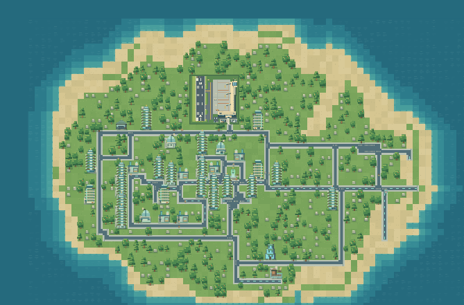 Firstlight island with a developed city, road network, forests, and airport